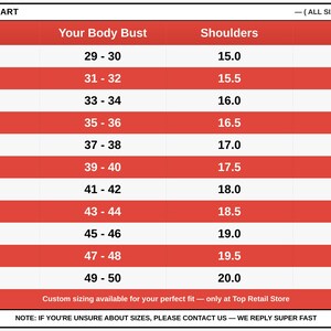 May include: A women's size chart with measurements in inches. The chart includes sizes from XXS to 6XL, listing bust, shoulder, and sleeve measurements. The text "WOMEN'S SIZE CHART" is at the top.