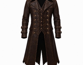 Mens Pirate Coat Leather, Steampunk Long Coat Men, Gothic Frock Coat, Halloween Cosplay Jacket, Victorian Tailcoat Men