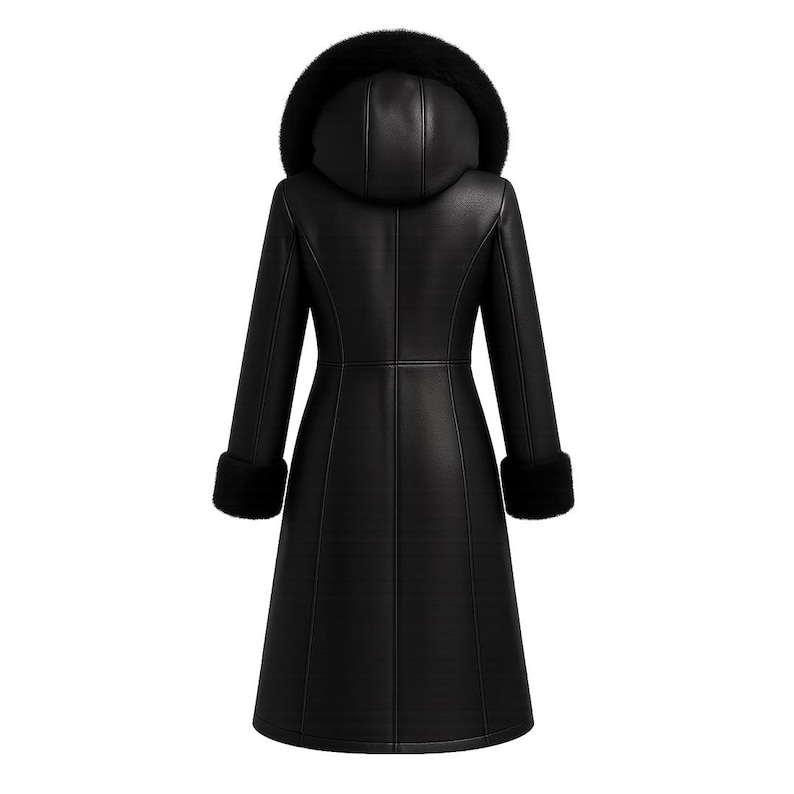 Puede incluir: Un abrigo de cuero negro con capucha ribeteada de piel negra. El abrigo tiene mangas largas con pu&ntilde;os de piel y una falda acampanada. Este abrigo de invierno est&aacute; dise&ntilde;ado para el fr&iacute;o y ofrece calidez y estilo.