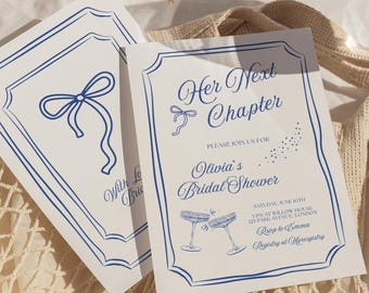 Something Blue Bridal Shower Invitation Template, Her Next Chapter Invite, Elegant Blue Bow Theme, Editable Canva Wedding Template