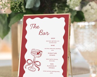 Modello di cartello per menù da bar per matrimoni in stile retrò, menù bevande modificabile, cartelli stampabili per cocktail bar e bar per matrimoni, cartello per bevande con firma disegnata a mano