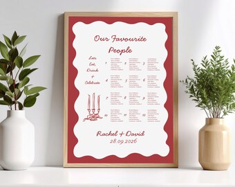 Retro Wedding Seating Chart, Editable Table Plan Template, Printable Whimsical Reception Seating Sign, Hand Drawn  Wedding Welcome Sign