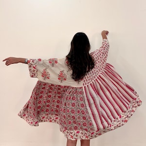 Patchwork Hand-Block Printed Cotton Kaftan Dress: Bohemian white and pink