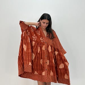 Patchwork Hand-Block Printed Cotton Kaftan Dress: Bohemian rust brown