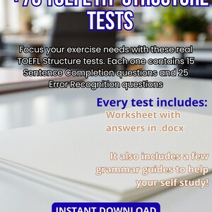 Op de afbeelding: Een stapel witte papieren met de tekst "+70 TOEFL ITP STRUCTURE TESTS." De afbeelding bevat ook de tekst "Focus your exercise needs with these real TOEFL Structure tests." en "INSTANT DOWNLOAD."