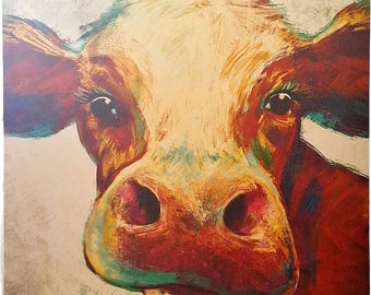 Cuadro rústico impresionista nuevo y colorido sobre lienzo: "La vaca curiosa".