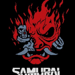 Puede incluir: Un diseño pixelado de una máscara de demonio roja con llamas, un ojo cibernético y la palabra "SAMURAI" en letras blancas sobre un fondo negro. La máscara tiene detalles grises y azules.