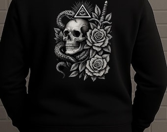 Sudadera con capucha de calavera gótica, serpiente y rosas: arte del tatuaje, moda rockera