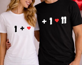 Camiseta minimalista de pareja con diseño de 1 + corazón, regalo de San Valentín