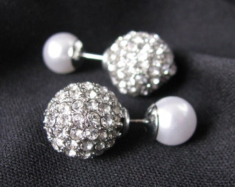 white, Double ball stud earrings, Silver earrings, bridal jewelry, Silver stud earrings, Crystal earrings, Double side earrings