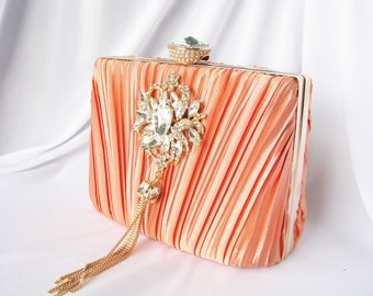 Salmon Fabric, crystal front, crystal Wedding Bag, Clutch Formal Evening Bag with Crystal Accent fashion bag