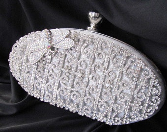 Silver evening Clutch, crystal front, crystal Wedding Bag, Clutch Formal Evening Bag with Crystal Accent fashion bag