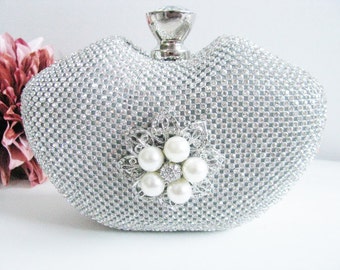 Hard Case Fabric Wedding Bag Clutch Formal Evening Bag with Crystals Accent Brooch fashion bag