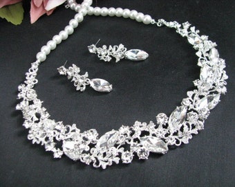 Sparkle Statement Wedding Necklace Silver tone Great Bridal Wedding Jewelry Pageant Jewelry Bridal Statement   Set Vintage Style