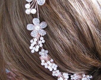 Pearl Accented, Rhinestone Pave, Flower Hair Comb, bridal, Head wear, Headpiece, Rhinestone Headband, Rose gold crystal Headband