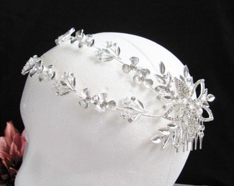 Head band, hair, bridal, Head wear, Headpiece, Rhinestone glamor, Flapper Headband, Silver tone crystal, Double bun wrap, tiara