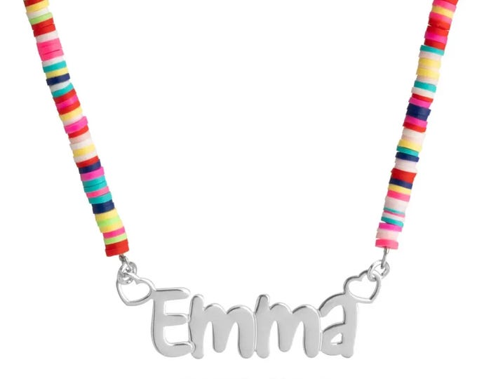 Clay Bead Girls Stirling Silver Name Necklace with Hearts