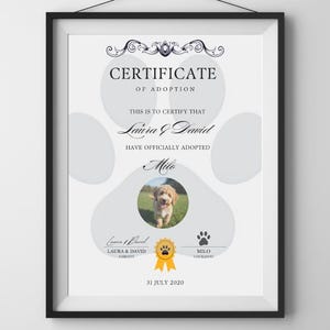 May include: Framed adoption certificate with a paw print design and a photo of a puppy named Milo. The certificate includes the names Laura & David, and the date 31 July 2020.