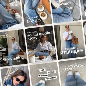 Può includere: Un collage di immagini con sovrapposizioni di testo. Le immagini presentano persone in abiti casual, tazze di caffè e testo come "3 Seconds to Hook Them", "The Brand Basics" e "This is my social media story."