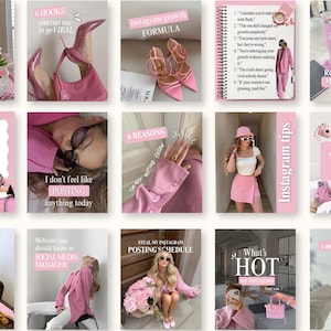 Può includere: Una collezione di grafiche rosa a tema Instagram. Le immagini includono testo come "5 HOOKS", "6 HOOKS", "Instagram Growth Formula", "Instagram Tips" e "November Social Media Trends". Altre immagini mostrano articoli di moda.
