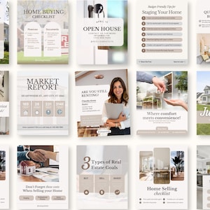 May include: A collection of real estate marketing materials, including checklists, market reports, and tips for home buying and selling. The designs feature neutral color palettes and images of homes and interiors.