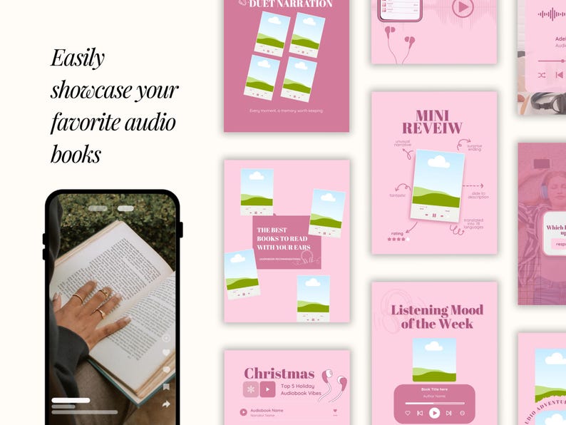 Bookstagram Canva Templates, Audiobook & Bookish Social Media Kit, book authors, bloggers, influencers, pretty bookstagrammer post bundle image 8