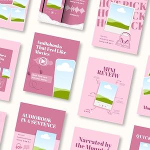 May include: A collection of pink and white promotional materials for audiobooks. The designs feature images of landscapes, headphones, and text such as "Audiobooks That Feel Like Movies" and "Mini Review".