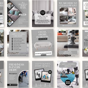 Könnte beinhalten: Eine Sammlung grauer Werbeflyer für Reinigungsdienste. Die Flyer werben für Sofareinigung, Teppichreinigung und Fleckenentfernung. Einige Flyer zeigen Bilder von Sofas, Teppichen und Reinigungsgeräten. Der Text enthält Sätze wie "Dirt Free Sofa" und "Clean Homes, Happy Hearts."