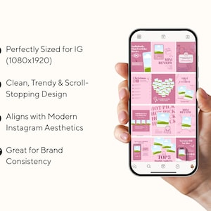 May include: A smartphone displays a pink Instagram feed with various posts. The feed includes text such as "MINI REVIEW" and "HOT PICK." The phone is held in a hand against a white background. Text on the left side highlights features like "Perfectly Sized for IG" and "Great for Brand Consistency."