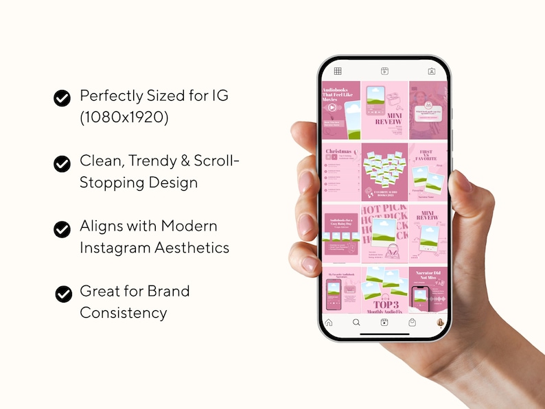 May include: A smartphone displays a pink Instagram feed with various posts. The feed includes text such as "MINI REVIEW" and "HOT PICK." The phone is held in a hand against a white background. Text on the left side highlights features like "Perfectly Sized for IG" and "Great for Brand Consistency."