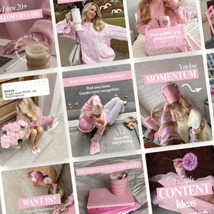 Puede incluir: Un collage de imágenes en tonos rosas con superposiciones de texto. Las imágenes presentan a una mujer rubia, café, flores y varios accesorios. El texto incluye frases como "Cómo crecí 20+ seguidores al día" y "5 ideas de contenido simples."