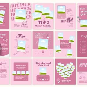 May include: A collection of pink social media templates promoting audiobooks. Each template features a phone or audio player graphic, along with text such as "Audio Recs Duet Narration" and "Top 3 Monthly Audio Fix".