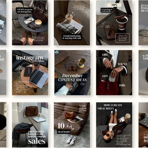 Puede incluir: Una colección de imágenes con temática de Instagram con superposiciones de texto. Las imágenes presentan elementos como una computadora portátil, café, bolsos y texto como "10k Followers", "3 Ways to grow on Instagram", "Trend marketing & staying relevant" y "December Content Ideas".