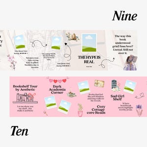 May include: Aesthetic book-themed graphic with the text "Nine" and "Ten". The image features book covers, text, and illustrations. The top section includes book stacks and the text "Books That Made Me Cry". The bottom section includes the text "Bookshelf Tour by Aesthetic".