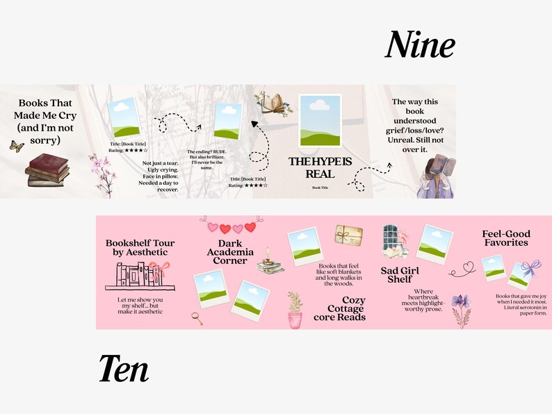 May include: Aesthetic book-themed graphic with the text "Nine" and "Ten". The image features book covers, text, and illustrations. The top section includes book stacks and the text "Books That Made Me Cry". The bottom section includes the text "Bookshelf Tour by Aesthetic".