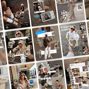 Op de afbeelding: Een digitale collage van lifestyle-foto's met diverse scènes van koffie, mode en dagelijkse activiteiten. De rasterindeling bevat meerdere afbeeldingen van personen in neutrale kleding, ijsdranken en tekstoverlays zoals January.