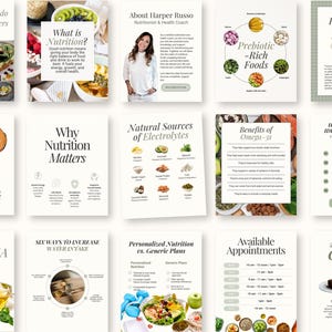 May include: A collection of informational graphics on nutrition, including topics like protein goals, prebiotic-rich foods, and healthy snack ideas. The images feature text and illustrations of various foods and health-related information.