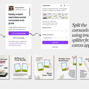 May include: A digital design showing the Canva app "Image Splitter" with instructions on how to split images into social media carousels. The image includes text and graphics, with examples of book-themed carousel posts.