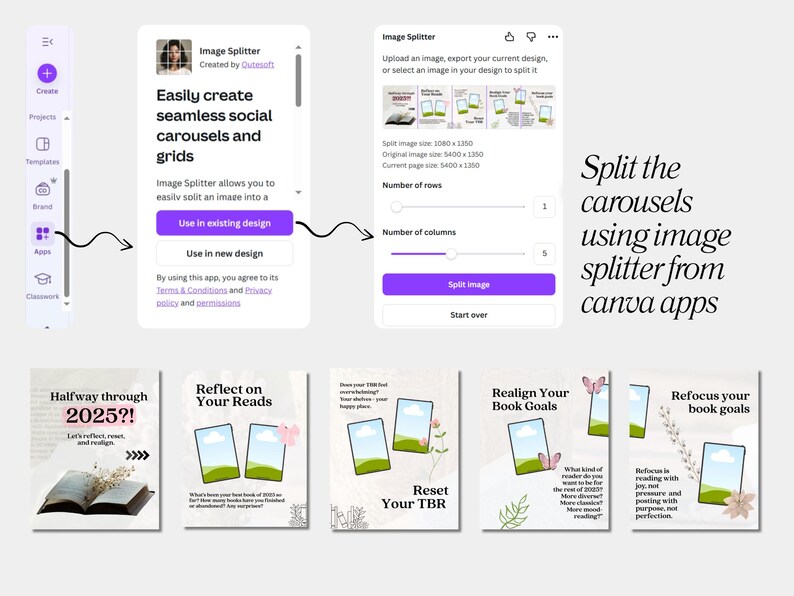 May include: A digital design showing the Canva app "Image Splitter" with instructions on how to split images into social media carousels. The image includes text and graphics, with examples of book-themed carousel posts.