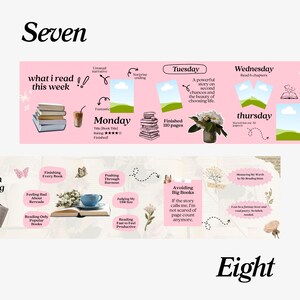 May include: A pink and white graphic with the text "Seven" and "Eight". The graphic includes text about reading habits and weekly reading progress, with illustrations of books, drinks, and flowers.