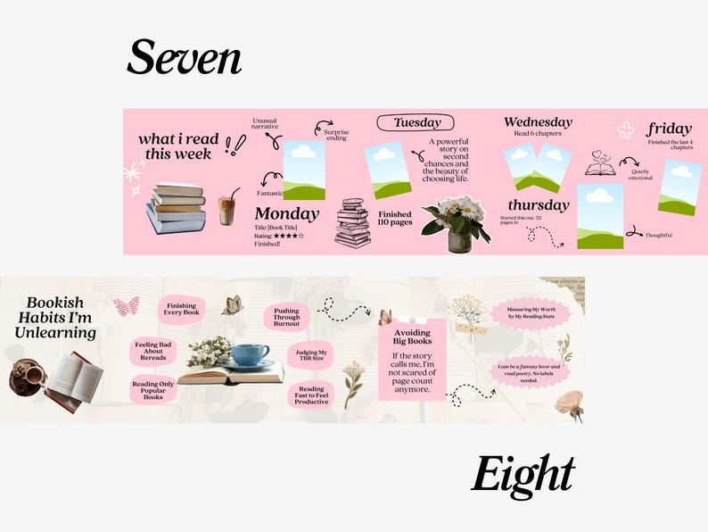 May include: A pink and white graphic with the text "Seven" and "Eight". The graphic includes text about reading habits and weekly reading progress, with illustrations of books, drinks, and flowers.