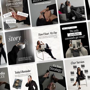 May include: A collection of twelve social media post templates featuring a monochromatic aesthetic with black, white, and grey tones. The images display various scenes including a person working on a laptop, holding a coffee cup, and office desk setups with text overlays such as The Story, How I Start My Day, and Social Media Mistakes.