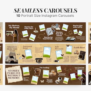 Puede incluir: Un diseño gráfico con 10 plantillas de carrusel de Instagram en tonos marrones y beige. Cada carrusel incluye texto e imágenes relacionadas con libros y lectura. El banner superior dice "SEAMLESS CAROUSELS".