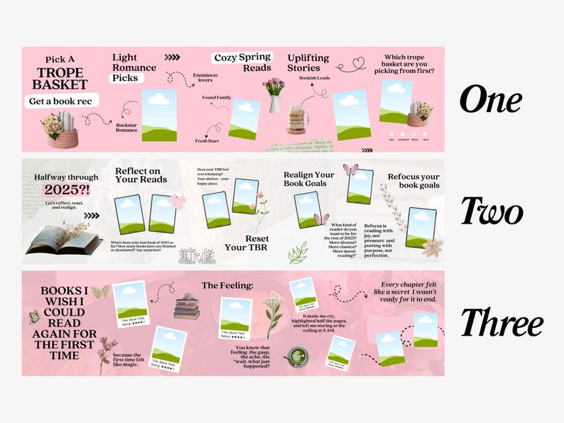 May include: A pink and white graphic with text about books and reading. The graphic is divided into three sections, each with a different theme, including "Trope Basket" and "Cozy Spring Reads."