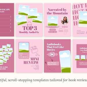 May include: A collection of eight digital templates in shades of pink, featuring layouts for audiobook reviews, playlists, and ratings. The designs include icons of headphones, books, and photo frames with landscape graphics and text overlays.
