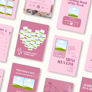 May include: A collection of pink and white digital graphics with text and images related to audiobooks. The graphics include the words "Christmas," "Favorite Audio Books 2023," and "Mini Review." The images feature landscapes and audio player interfaces.
