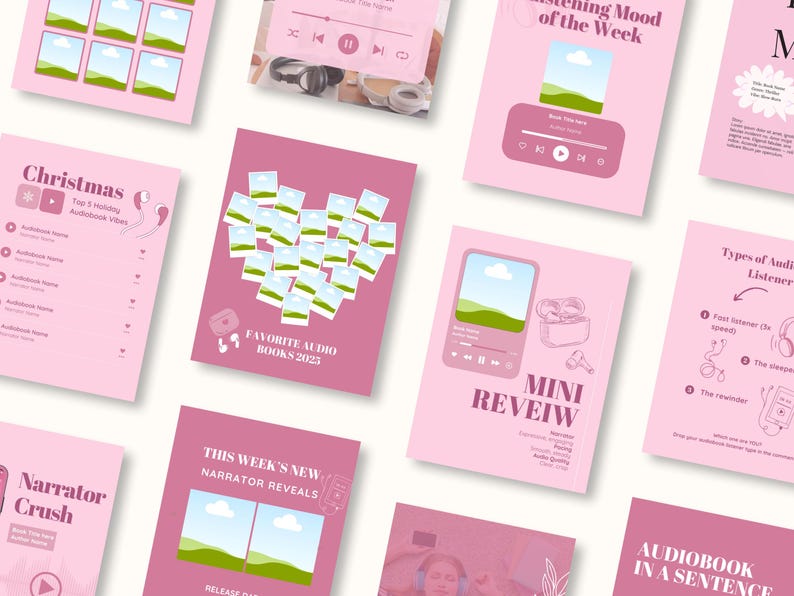 May include: A collection of pink and white digital graphics with text and images related to audiobooks. The graphics include the words "Christmas," "Favorite Audio Books 2023," and "Mini Review." The images feature landscapes and audio player interfaces.