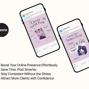 Puede incluir: Dos smartphones muestran publicaciones en redes sociales con dise&ntilde;os de portadas de libros. Uno dice "Cover Sneak Peak" y el otro "A Story That Strikes Deep". El logotipo de Canva es visible, con el texto: "Aumente su presencia en l&iacute;nea sin esfuerzo."