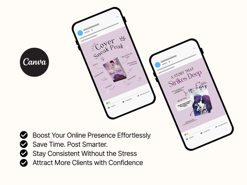 Puede incluir: Dos smartphones muestran publicaciones en redes sociales con dise&ntilde;os de portadas de libros. Uno dice "Cover Sneak Peak" y el otro "A Story That Strikes Deep". El logotipo de Canva es visible, con el texto: "Aumente su presencia en l&iacute;nea sin esfuerzo."