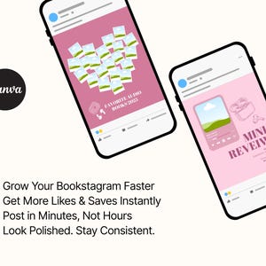 May include: Two smartphones display social media posts. One shows a heart-shaped arrangement of images with the text "FAVORITE AUDIO BOOKS 2023." The other shows a music player graphic with the text "MINI REVEIW." The Canva logo is visible.